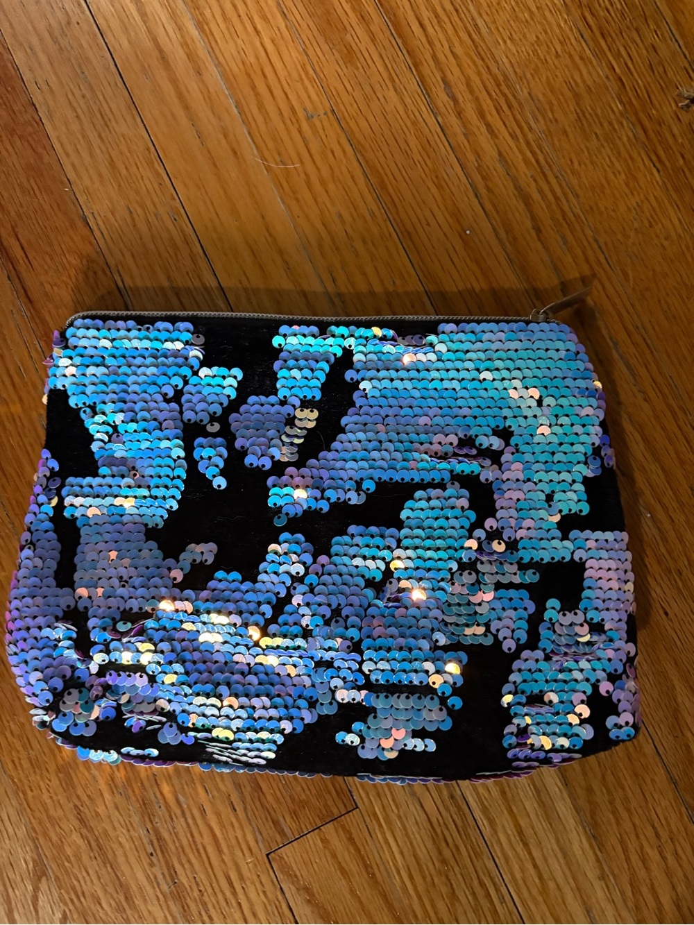 Iridescent Blue Sequin Cosmetic Pouch with Black Base